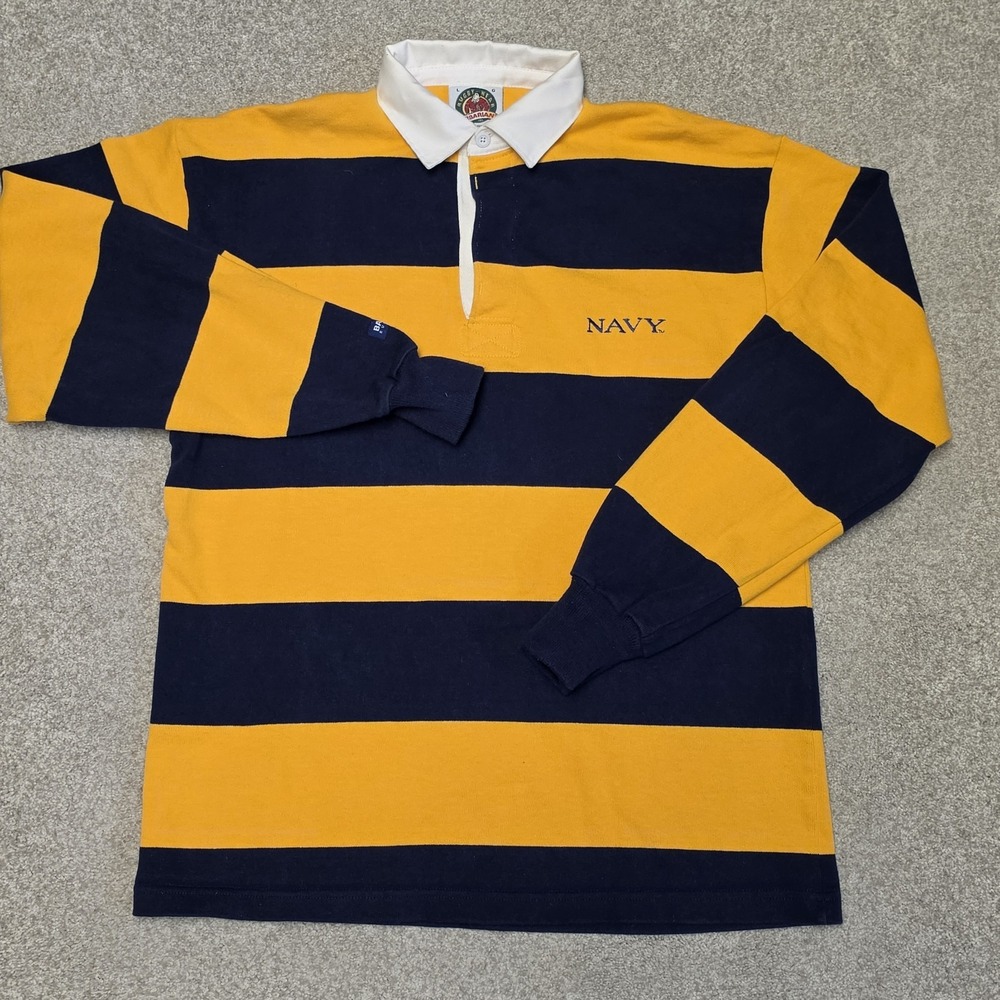 Vintage Barbarian Rugby Shirt US Navy Polo Gold Navy Stripe Cotton Mens Large L